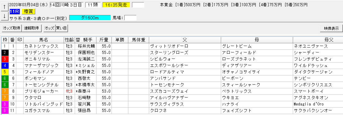 椿賞 川崎 予想 本命モリデンスター 血統フェスティバル 競馬予想ブログ