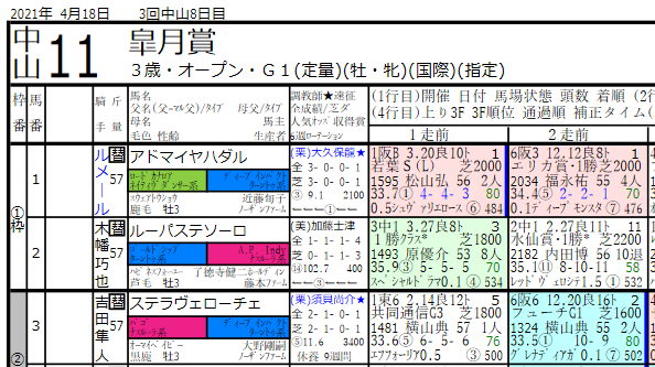 21年4月18日系統色分け 競馬新聞風出馬表 血統フェスティバル 競馬予想ブログ