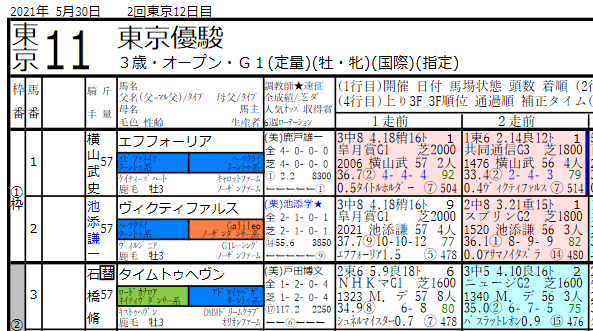 21年5月30日系統色分け 競馬新聞風出馬表 血統フェスティバル 競馬予想ブログ