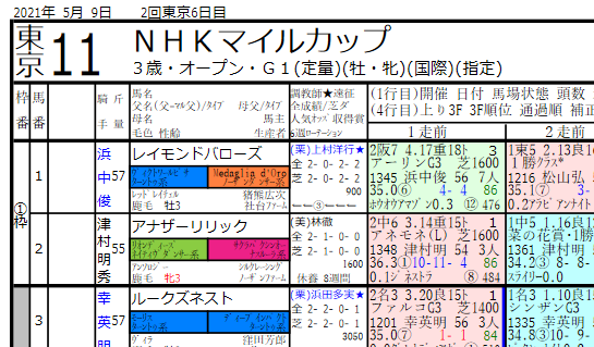 21年5月9日系統色分け 競馬新聞風出馬表 血統フェスティバル 競馬予想ブログ