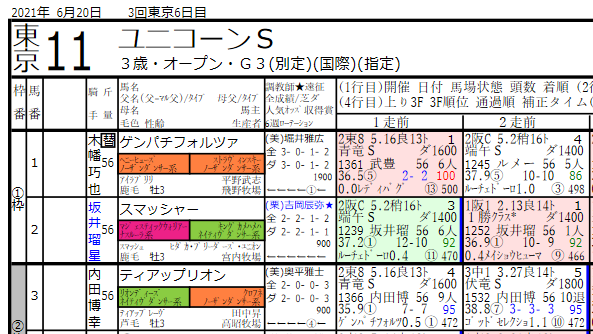 21年6月日系統色分け 競馬新聞風出馬表 血統フェスティバル 競馬予想ブログ