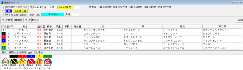 2025年1月16日大井桃花賞予想出馬表