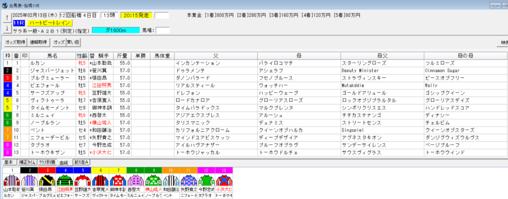 2025年2月13日船橋ハートビートレイン予想出馬表