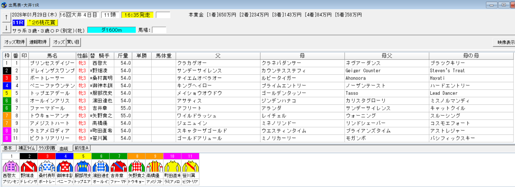 2026年1月29日大井桃花賞予想出馬表