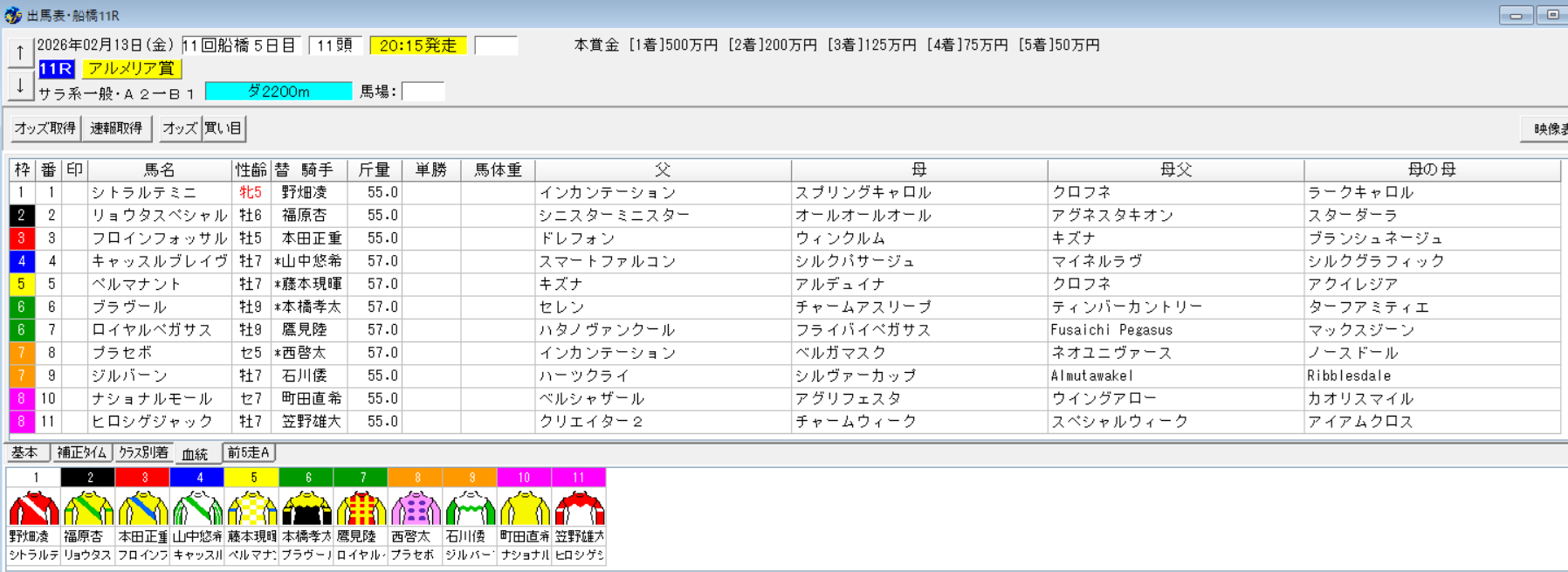 2026年2月13日船橋アルメリア賞予想出馬表
